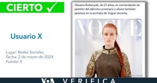 Cierto que una comandante de pelotón ucraniana apareció en la portada digital de Vogue Ucrania