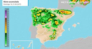 Mapa con la previsión de nieve acumulada para este domingo, 10 de marzo.