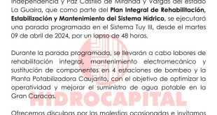 Hidrocapital suspenderá el servicio de agua en zonas de Caracas, Miranda y La Guaira desde el 9 de abril durante 48 horas