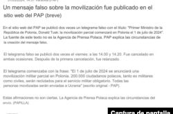 Captura traducida del comunicado del PAP sobre el falso anuncio de movilización.