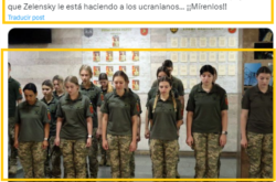 Captura de la publicación sacada de contexto publicada en X (con traducción automática al español) en donde se desinforma sobre el reclutamiento de Ucrania.