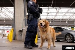 El oficial de Aduanas y Protección Fronteriza Joseph Arcia y su compañero Goose, un golden retriever de seis años, patrullan el tráfico que llega desde México mientras trabajan a lo largo de la frontera de San Ysidro en San Diego, California, EEUU, el 29 de mayo de 2024.