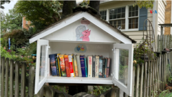 Compartir con la comunidad es la motivación de las personas que deciden en EEUU colocar en sus casas esta pequeñas casitas de libros. (Foto: Natalia López/VOA)