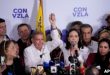 La líder opositora María Corina Machado y el candidato presidencial Edmundo González sen conferencia de prensa después de que las autoridades electorales declararan a Nicolás Maduro como ganador de las elecciones presidenciales en Caracas, Venezuela, el lunes 29 de julio de 2024.