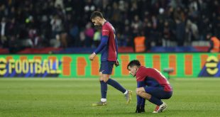 Barcelona's Ferran Torres, left, and Pedri react after the Spanish La Liga soccer match between Barcelona and Leganes at the Lluis Companys Olympic Stadium in Barcelona, Spain, Sunday, Dec. 15, 2024. (AP Photo/Joan Monfort)