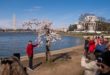 El Monumento a Washington y el Monumento a Jefferson son visibles mientras los visitantes fotografían un cerezo apodado cariñosamente 'Stumpy' cuando los cerezos entran en su punto máximo de floración esta semana en Washington, el martes 19 de marzo de 2024.