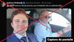 Captura de pantalla de la publicación de @jacksonhinklle en X, donde supuestamente aparece junto al presidente ruso Vladimir Putin en un auto. (Traducción de Google)