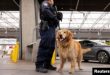 El oficial de Aduanas y Protección Fronteriza Joseph Arcia y su compañero Goose, un golden retriever de seis años, patrullan el tráfico que llega desde México mientras trabajan a lo largo de la frontera de San Ysidro en San Diego, California, EEUU, el 29 de mayo de 2024.