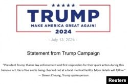 Una declaración del portavoz de la campaña de Trump, Steven Cheung, se ve en un correo electrónico distribuido por su campaña después de que se escucharon disparos en el Butler Farm Show en un mitin en Butler, Pensilvania, el 13 de julio de 2024.