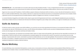 Captura de pantalla con traducción de Comunicado Departamento del Interior de EEUU sobre cambios en nombres.
